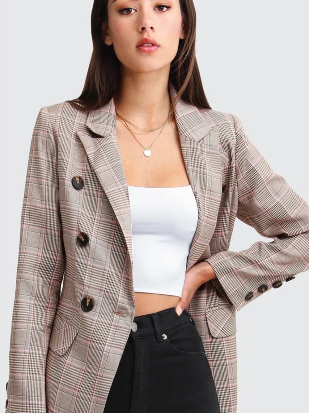 Women's Taupe Plaid Double-Breasted Blazer with Pink Accents
